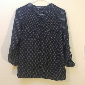 Long sleeve white polka dot on black blouse